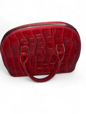 Red Croc-Embossed Mini Dome Bag with Top Handles
